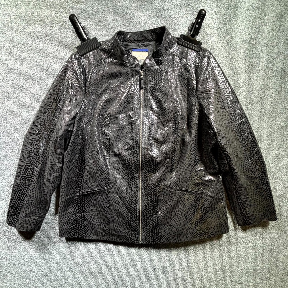 TanJay Black Snakeskin Faux Leather Jacket Womens 18W Full Zip Lined Snake Print